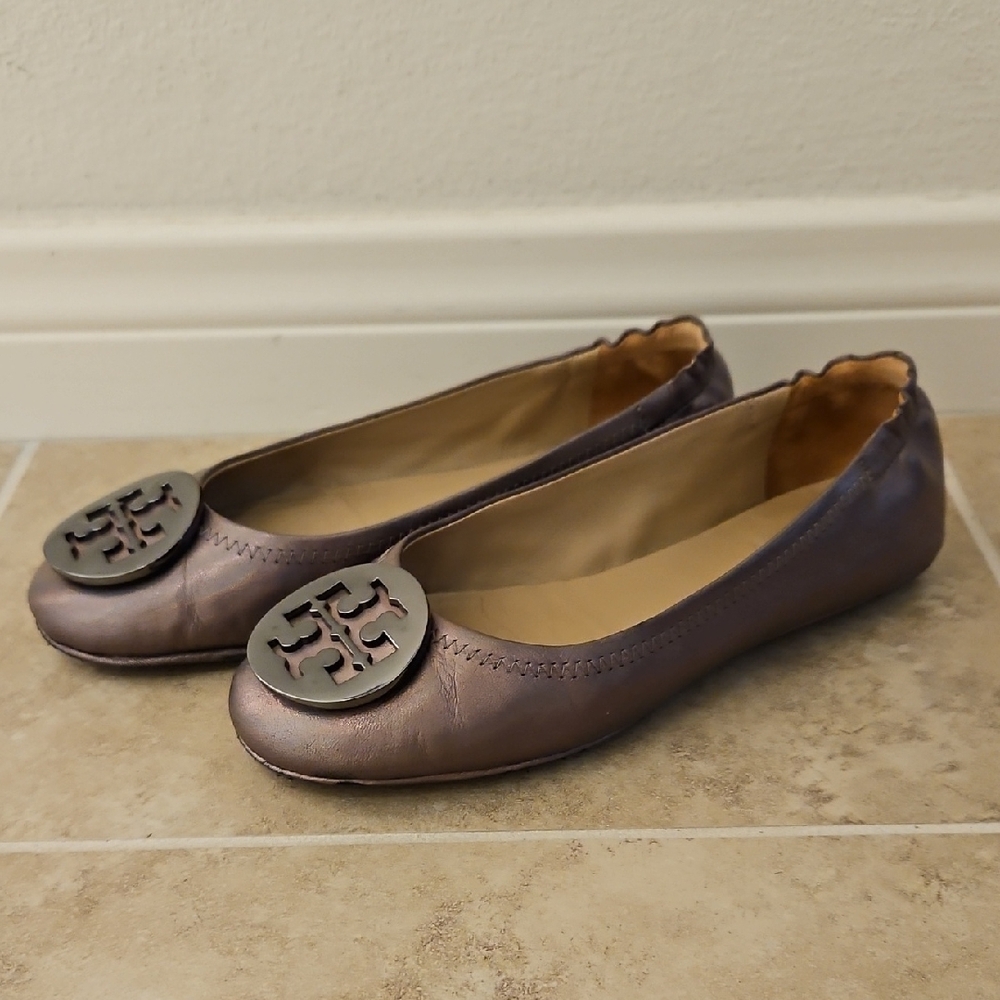 Tory Burch Gunmetal Minnie Travel Ballad Flats with Signature Medallion